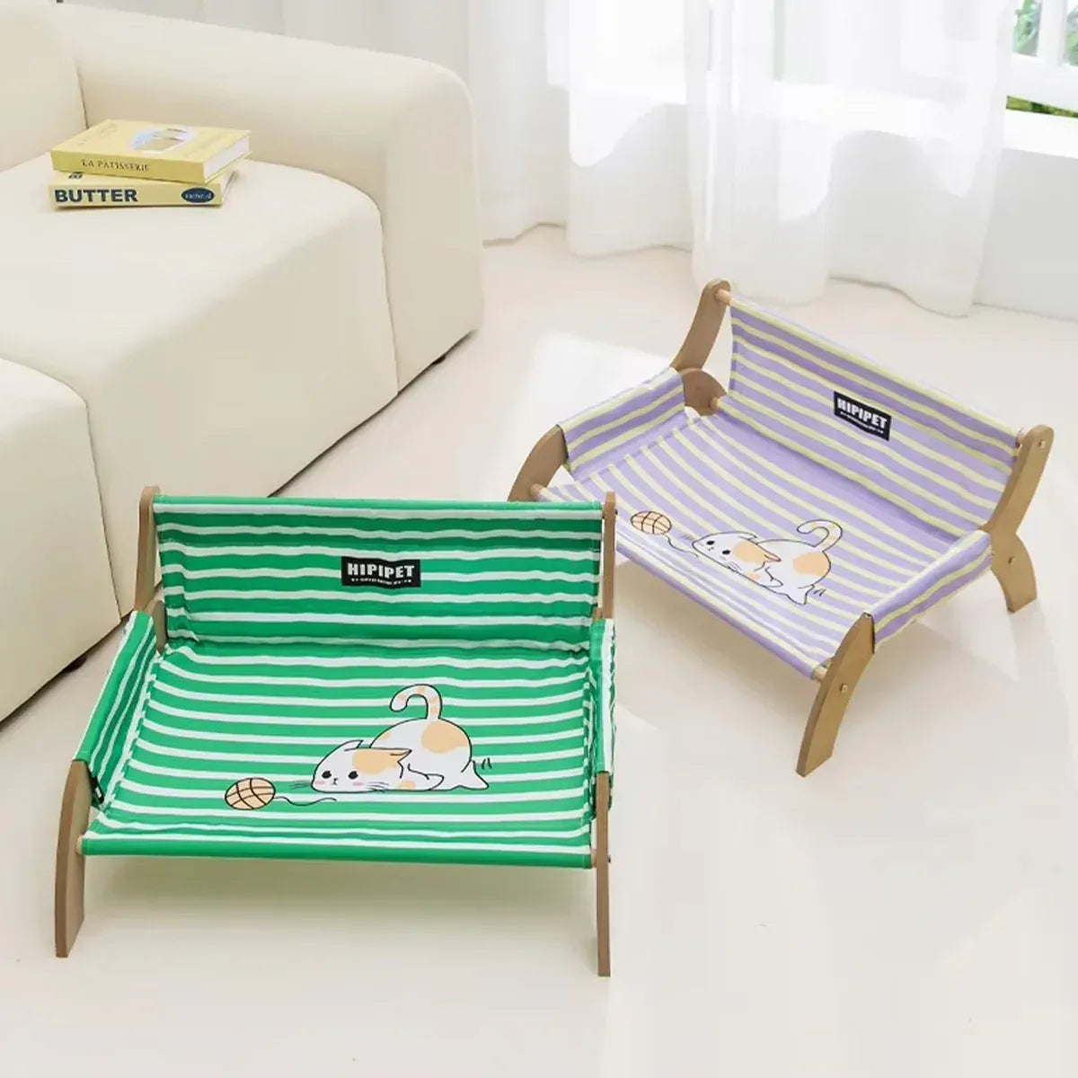 Pet Striped Lounge Bed Pet Nest Soft Cushion Washable Anti Slip Comfortable - Green