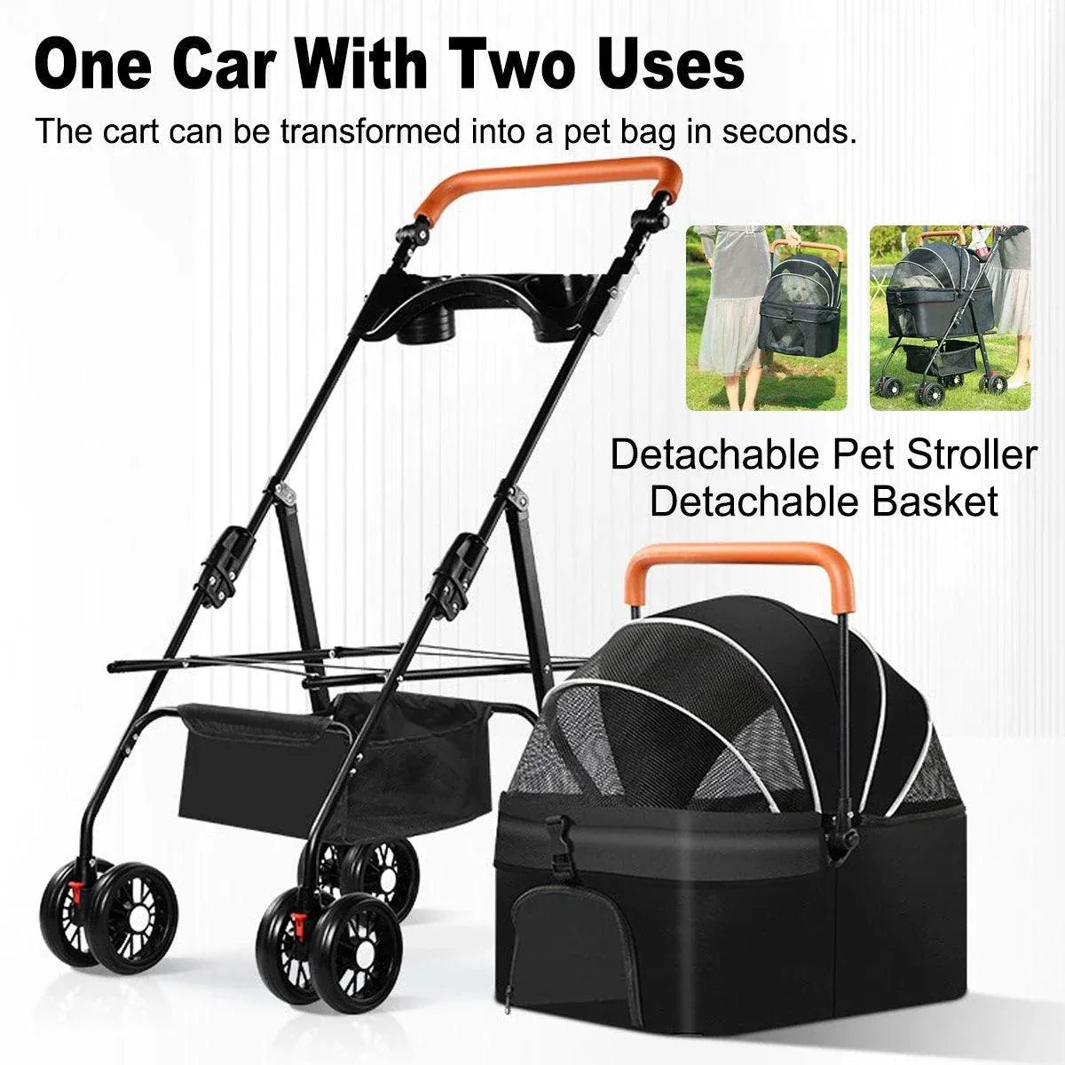 Foldable 2 in 1 Pet Stroller for Outdoor Travel Outing Lightweight Pet Carrier - Black