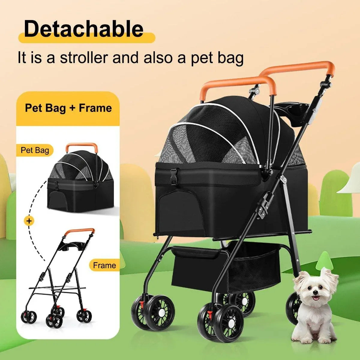 Foldable 2 in 1 Pet Stroller for Outdoor Travel Outing Lightweight Pet Carrier - Black