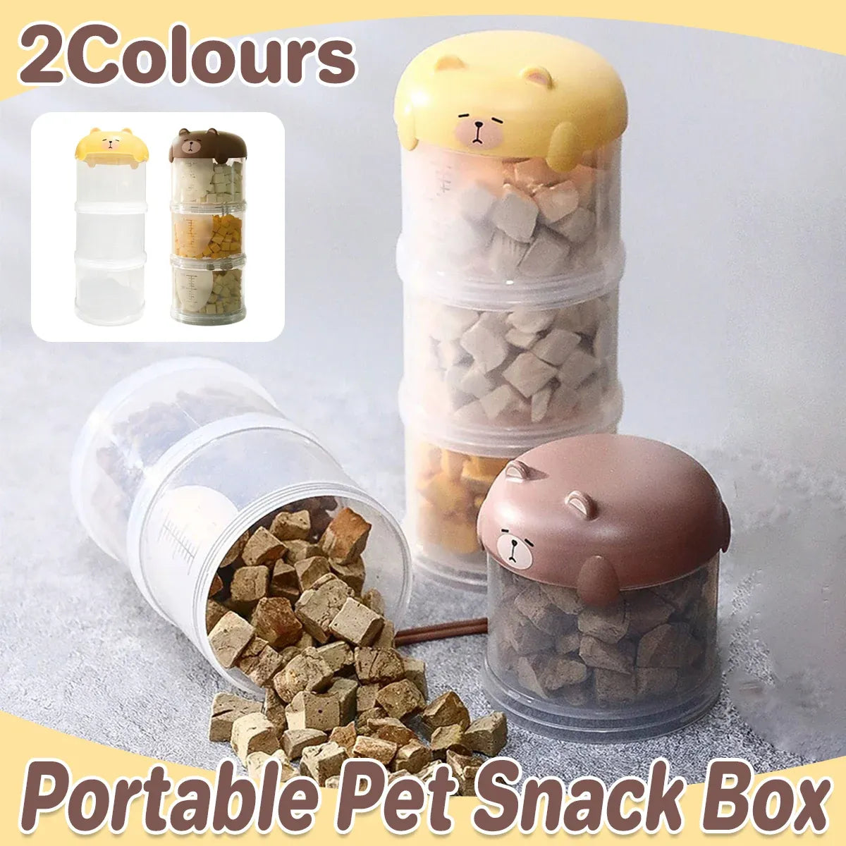 3-Tier Portable Pet Food Storage Container - Stackable Snack Bucket Bear Lid - Yellow