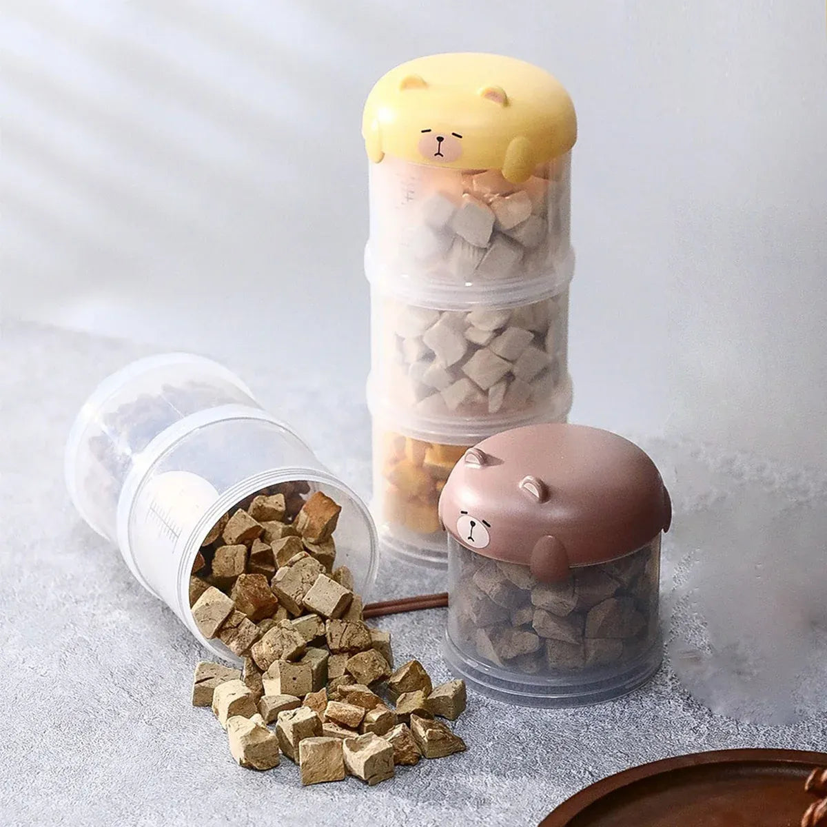 3-Tier Portable Pet Food Storage Container - Stackable Snack Bucket Bear Lid - Yellow