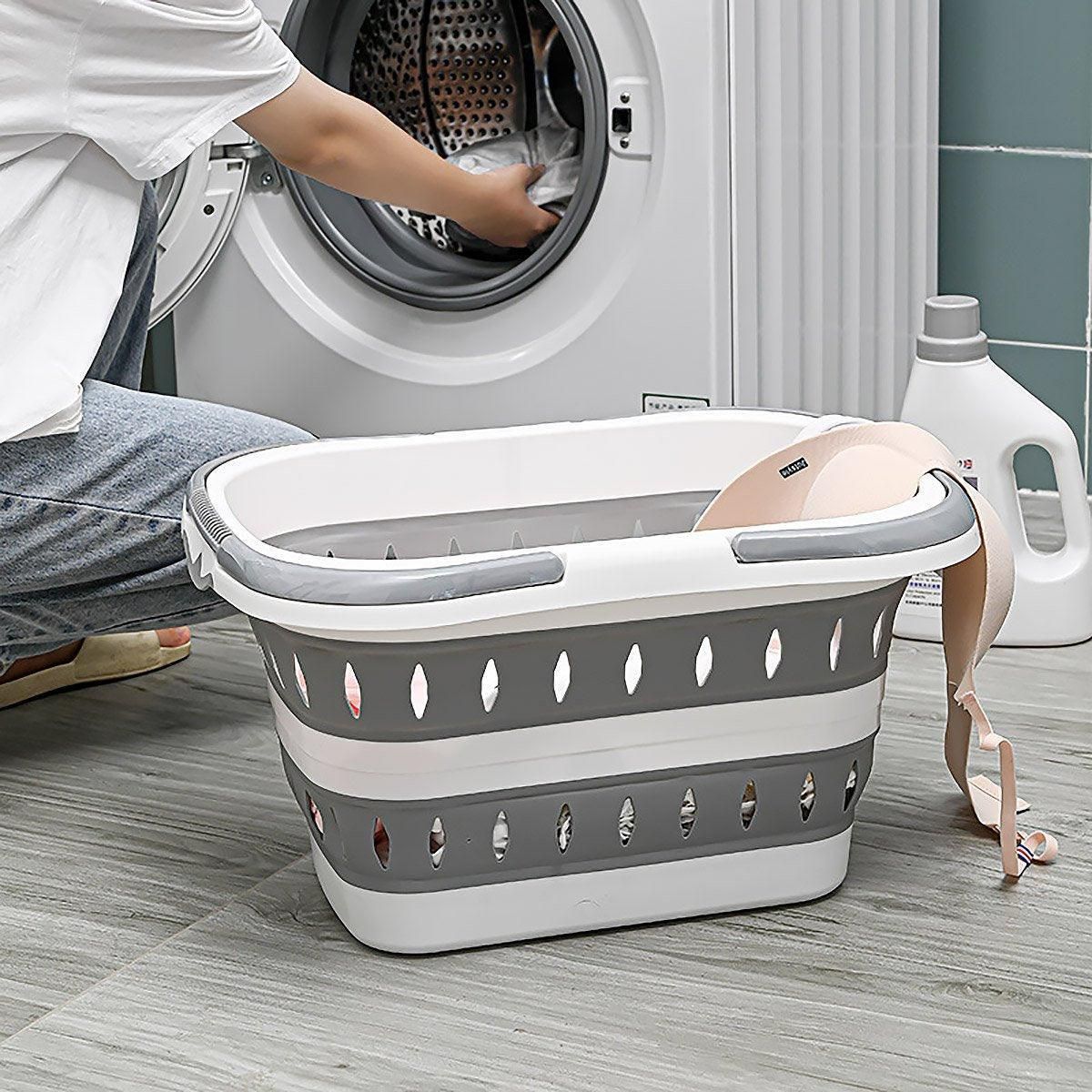Large Folding Laundry Basket Plastic Dirty Clothes Hamper Blue Bathroom Storage - Blue