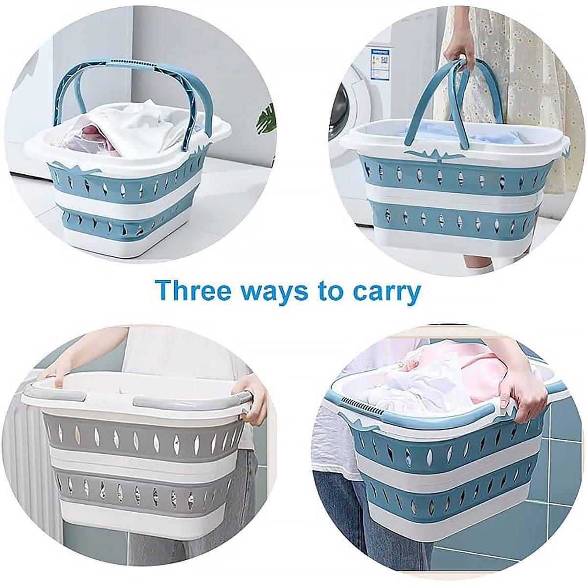 Large Folding Laundry Basket Plastic Dirty Clothes Hamper Blue Bathroom Storage - Grey