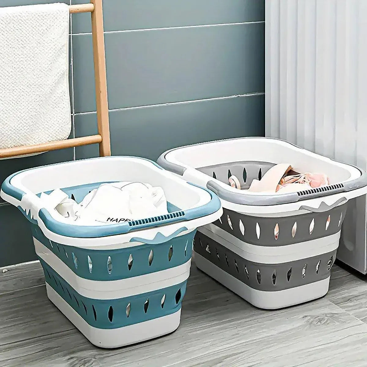 Large Folding Laundry Basket Plastic Dirty Clothes Hamper Blue Bathroom Storage - Grey