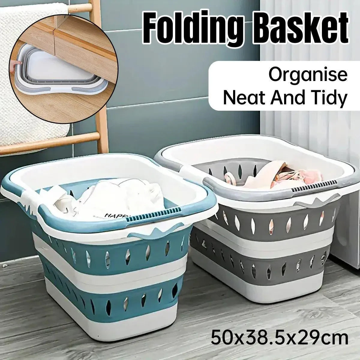 Large Folding Laundry Basket Plastic Dirty Clothes Hamper Blue Bathroom Storage - Grey
