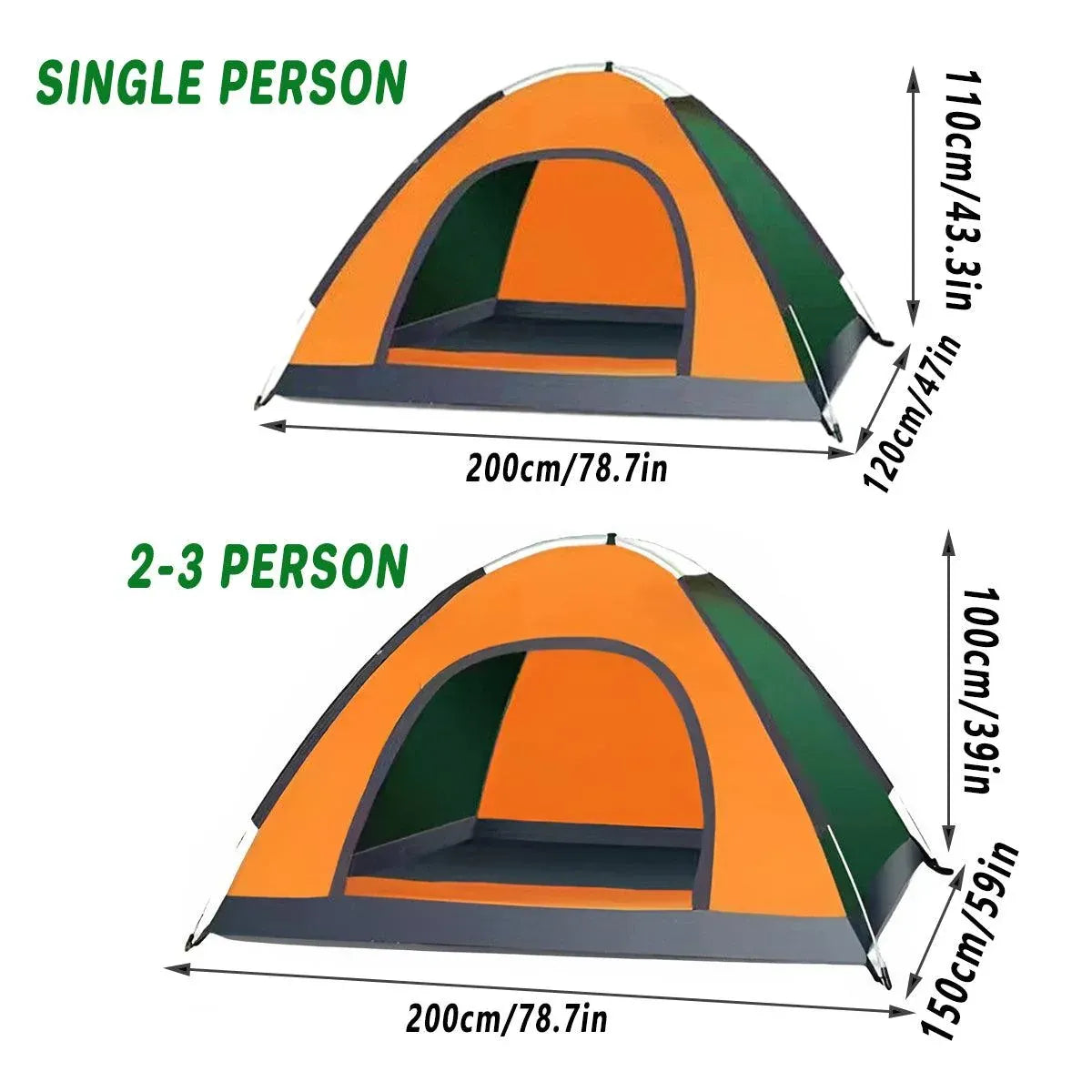 Outdoor Camping Tent Portable Sun Protection Lightweight Quick Setup Shelter - Orange 2-3 Person