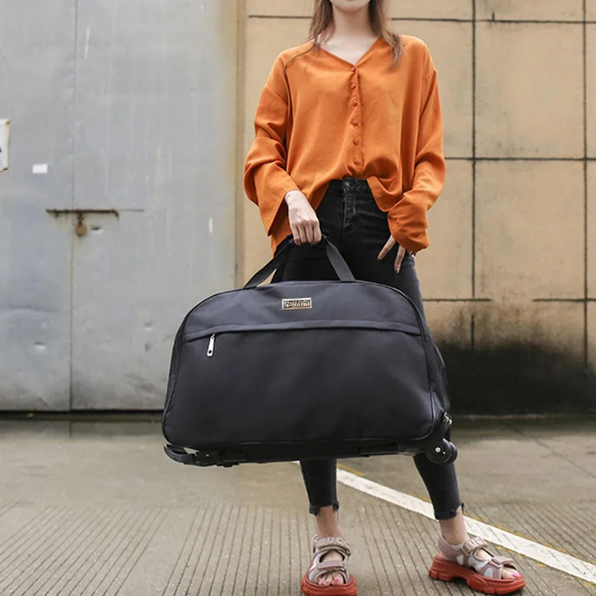 Wheeled Travel Duffle Trolley Bag Carry On Rolling Luggage Suitcase Tote Durable - Black-24in
