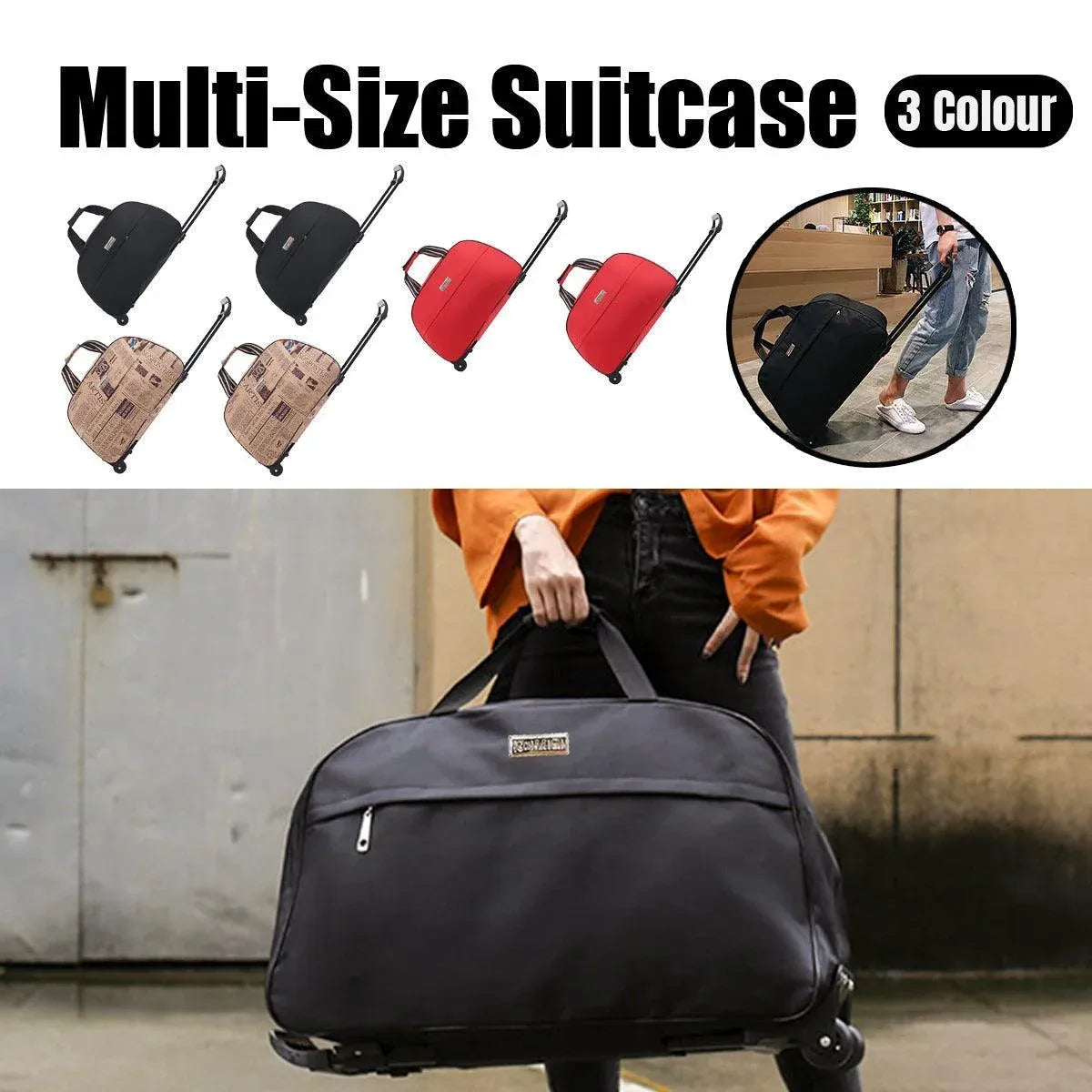 Wheeled Travel Duffle Trolley Bag Carry On Rolling Luggage Suitcase Tote Durable - Black-24in