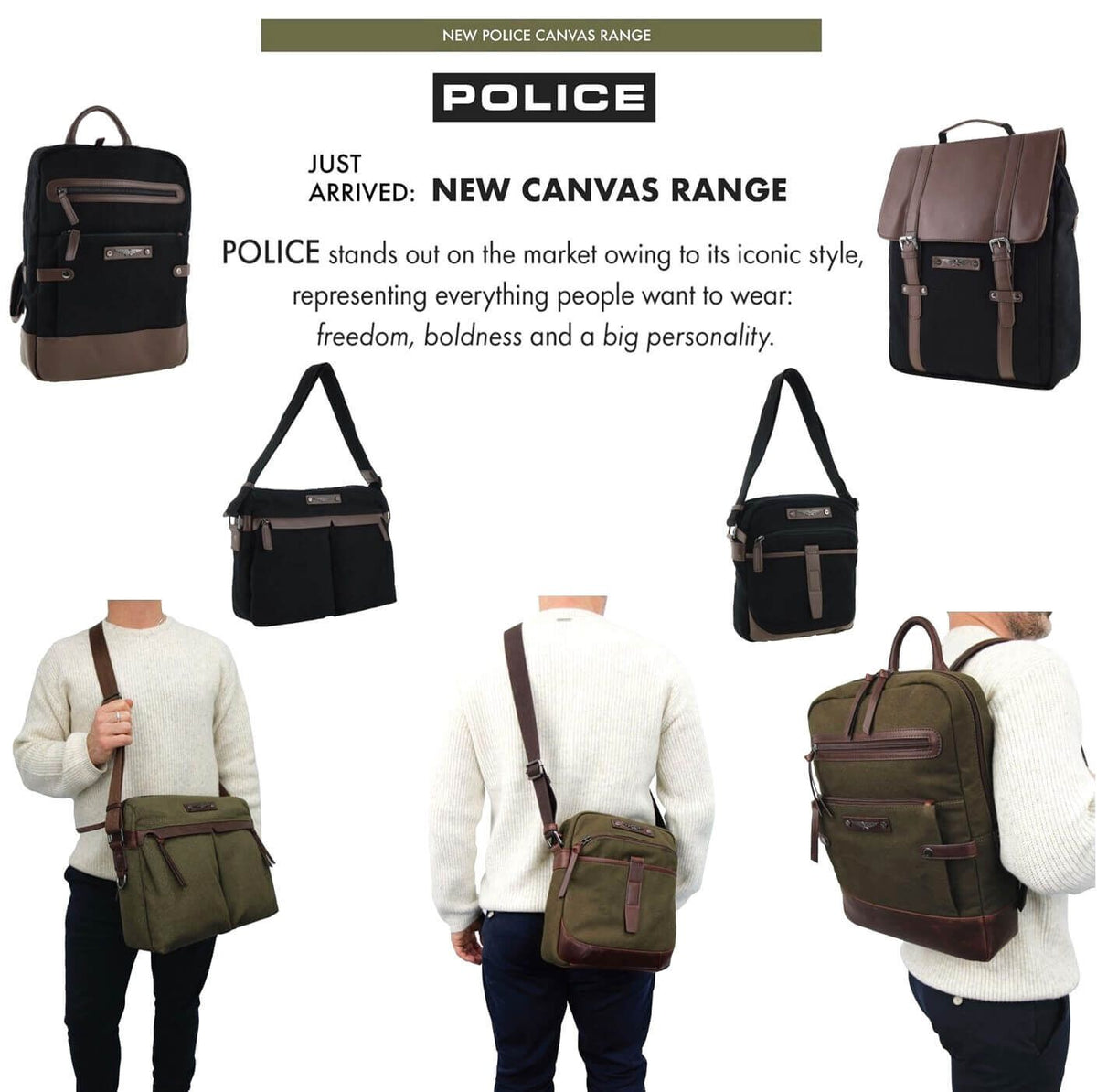 POLICE Wings Mens Canvas Crossbody Bag in Dark Olive