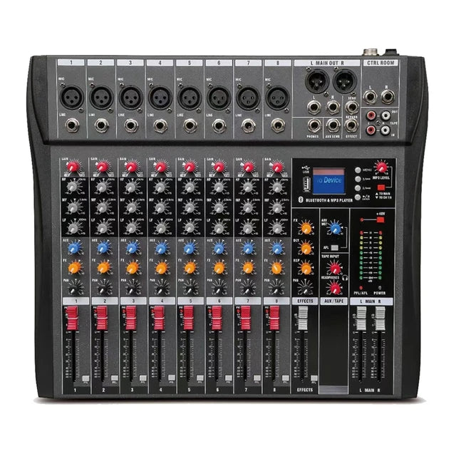 Hridz CT-80S Professional Audio Mixer â€“ 8 Channels Bluetooth USB Mixer with Effects, 48V Phantom Power, and Built-in Sound Card, 8 Channels Audio Sound Mixer Mixing DJ Console USB with 48V Phantom Power