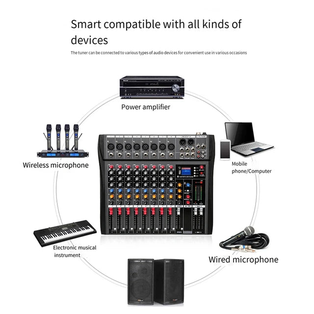 Hridz CT-80S Professional Audio Mixer â€“ 8 Channels Bluetooth USB Mixer with Effects, 48V Phantom Power, and Built-in Sound Card, 8 Channels Audio Sound Mixer Mixing DJ Console USB with 48V Phantom Power