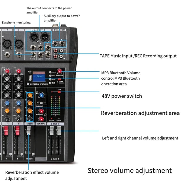 Hridz CT-80S Professional Audio Mixer â€“ 8 Channels Bluetooth USB Mixer with Effects, 48V Phantom Power, and Built-in Sound Card, 8 Channels Audio Sound Mixer Mixing DJ Console USB with 48V Phantom Power
