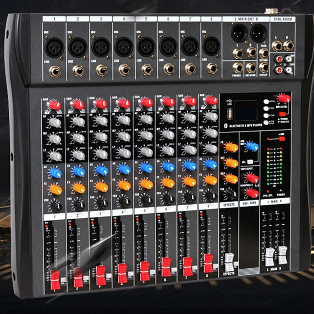 Hridz CT-80S Professional Audio Mixer â€“ 8 Channels Bluetooth USB Mixer with Effects, 48V Phantom Power, and Built-in Sound Card, 8 Channels Audio Sound Mixer Mixing DJ Console USB with 48V Phantom Power