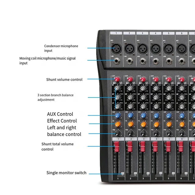 Hridz CT-80S Professional Audio Mixer â€“ 8 Channels Bluetooth USB Mixer with Effects, 48V Phantom Power, and Built-in Sound Card, 8 Channels Audio Sound Mixer Mixing DJ Console USB with 48V Phantom Power