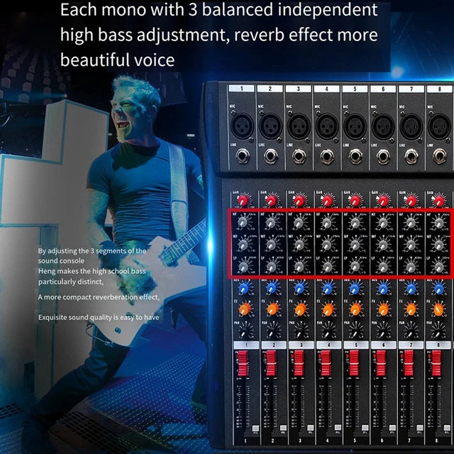 Hridz CT-80S Professional Audio Mixer â€“ 8 Channels Bluetooth USB Mixer with Effects, 48V Phantom Power, and Built-in Sound Card, 8 Channels Audio Sound Mixer Mixing DJ Console USB with 48V Phantom Power