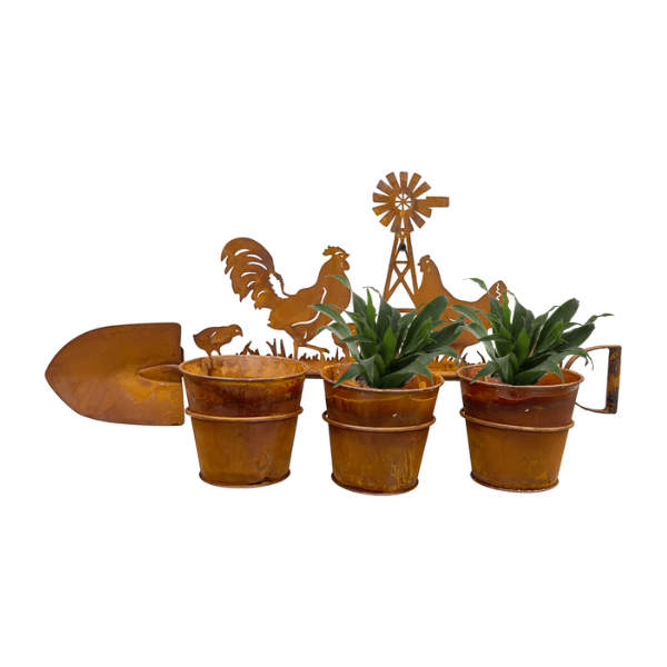 Three Pot Wall Planter On Shovel W Chooks 60x30cm