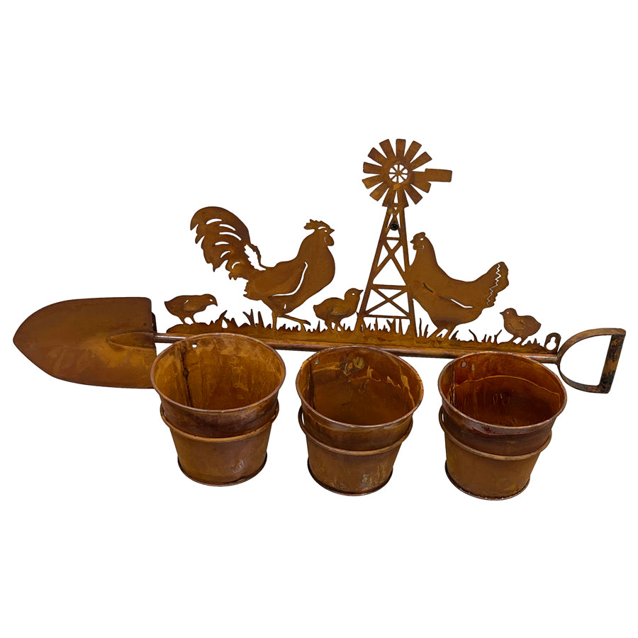 Three Pot Wall Planter On Shovel W Chooks 60x30cm