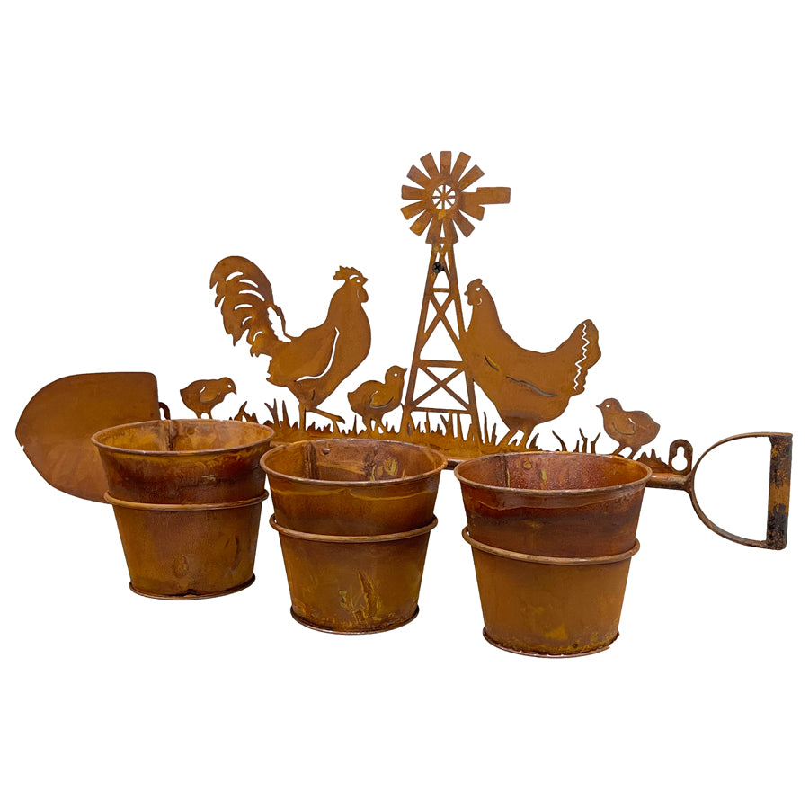 Three Pot Wall Planter On Shovel W Chooks 60x30cm