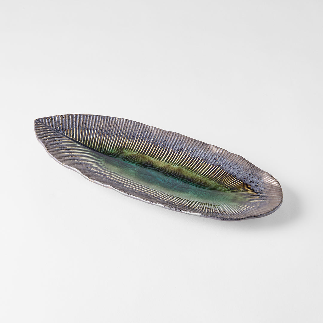 Plate Leaf Shape 32.5x13.5cm Midori Ridge Glaze
