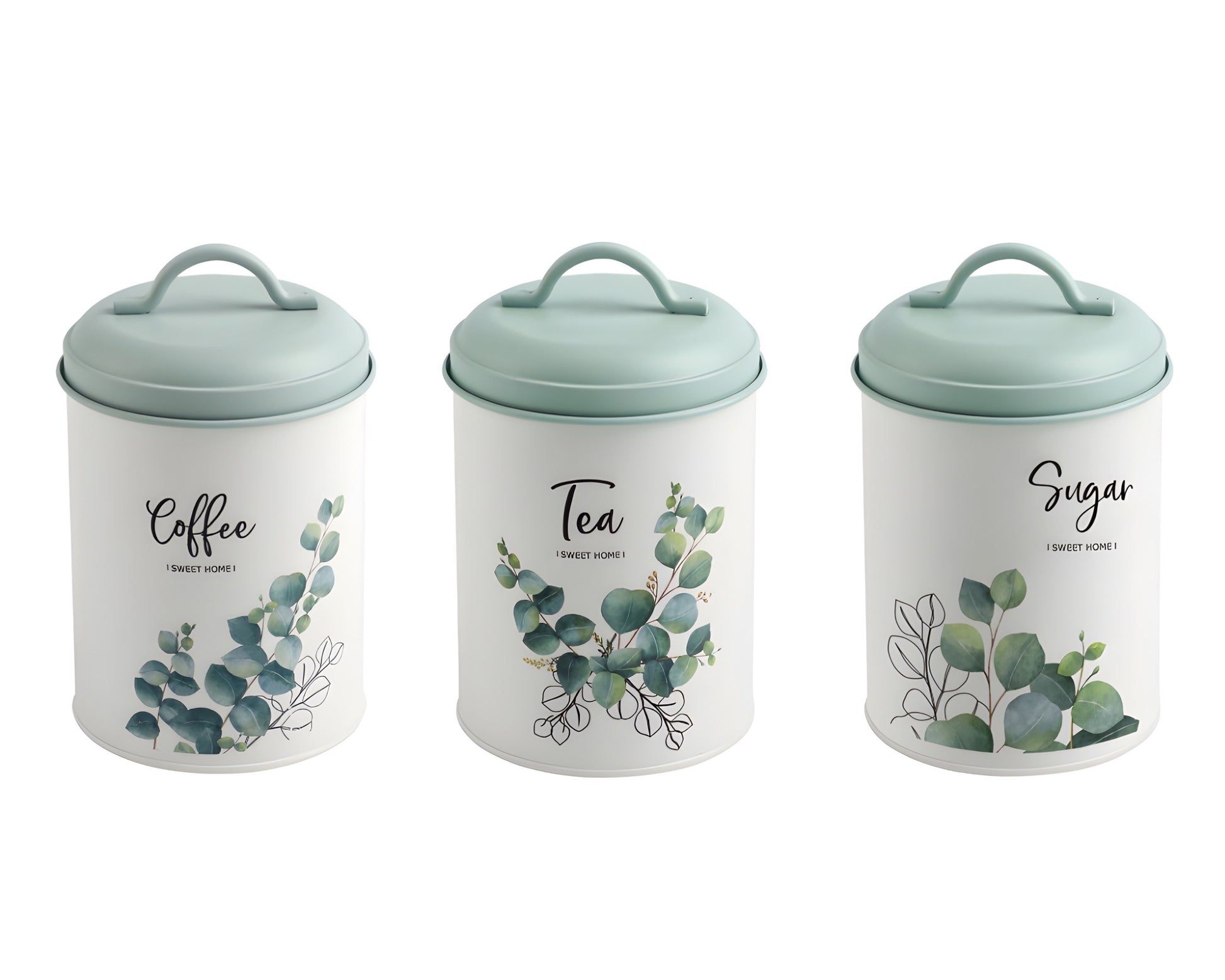 Set 3 Eucalyptus Metal Coffee Tea Sugar Storage Tins 11x18cm