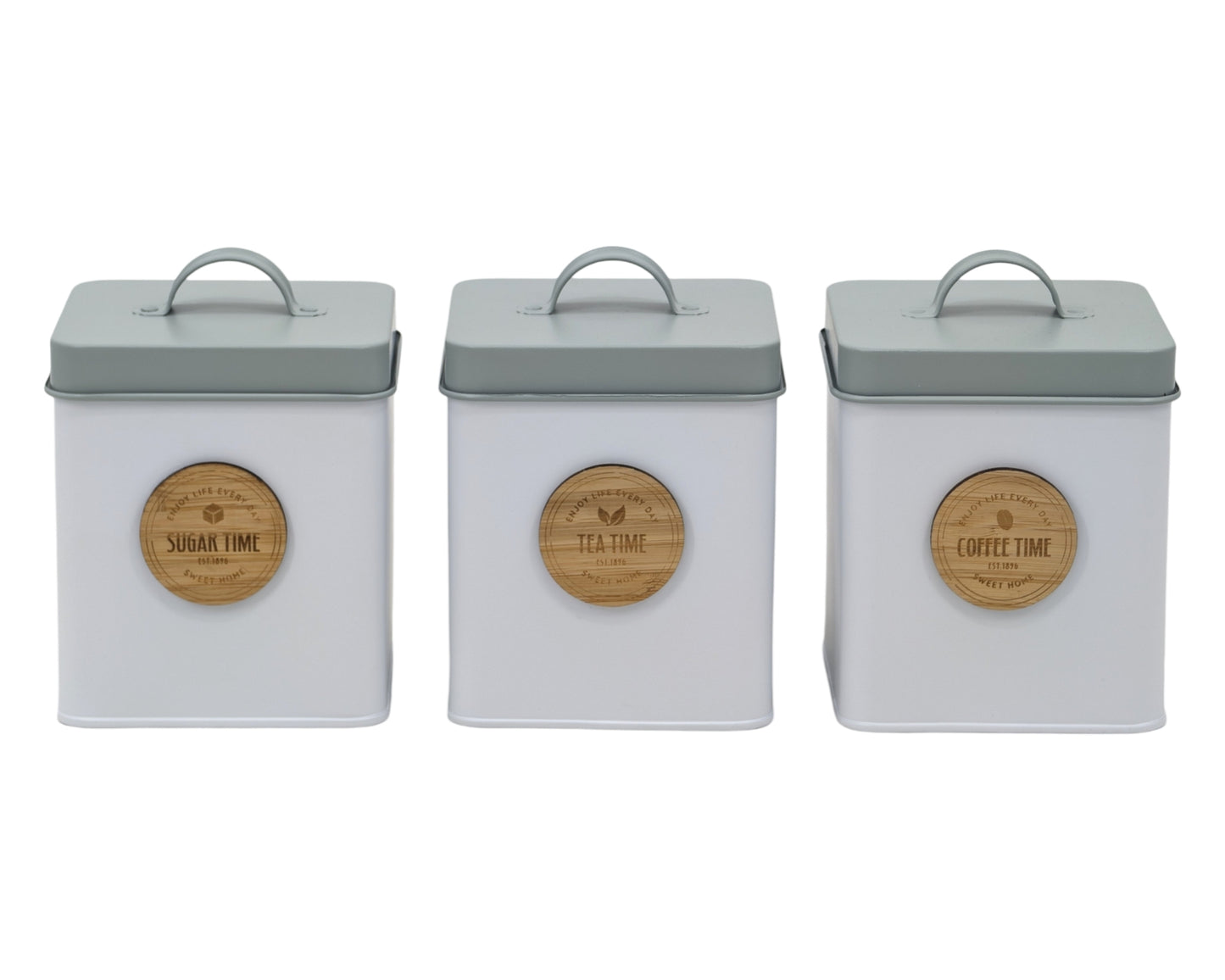 Set 3 Metal Kitchen Storage Tin Sugar Tea Coffee 18cm
