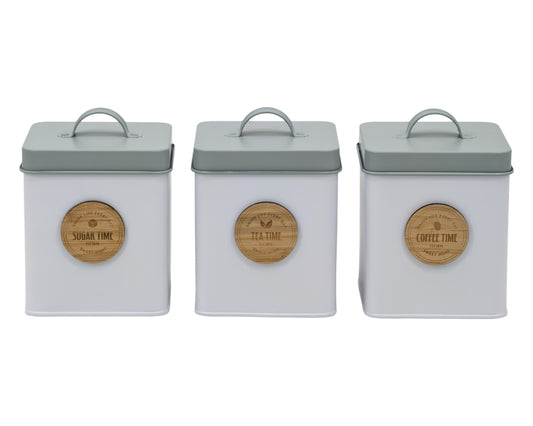 Set 3 Metal Kitchen Storage Tin Sugar Tea Coffee 18cm