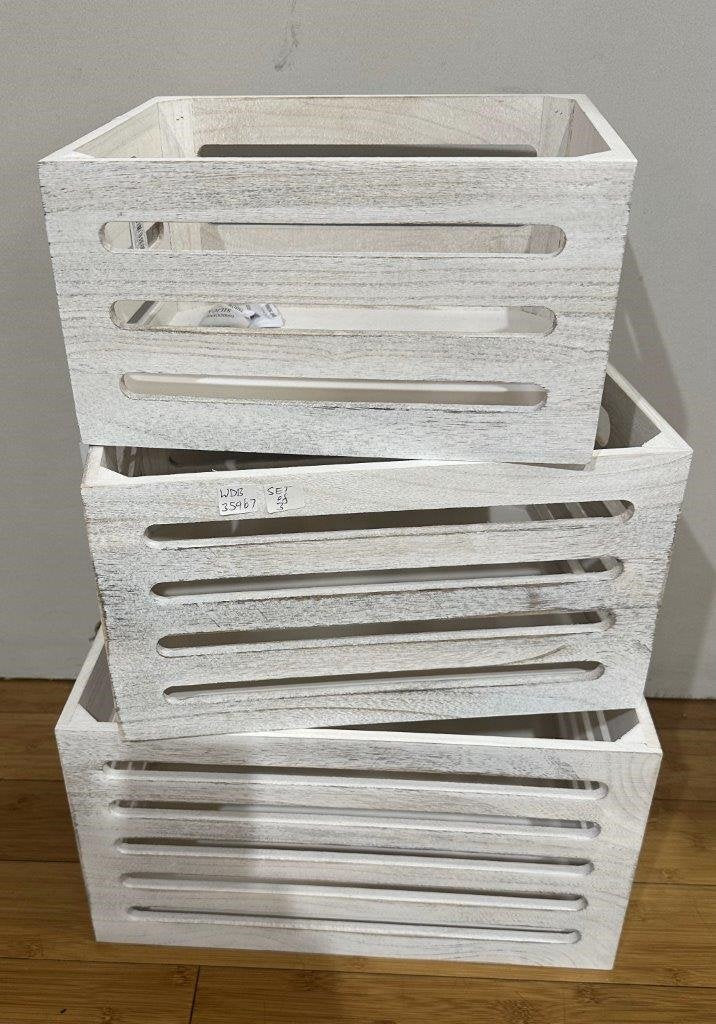 Set 3 Wood Crates White Wash 40x22cm