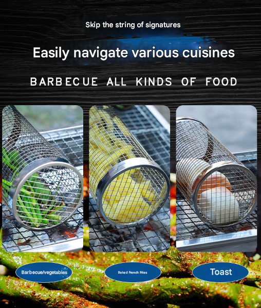 5 Pcs Size L Silver Rolling Stainless Steel BBQ Grill Basket - Cylindrical Grilling Cage for Veggies, Meats & More (304 Food-Grade)