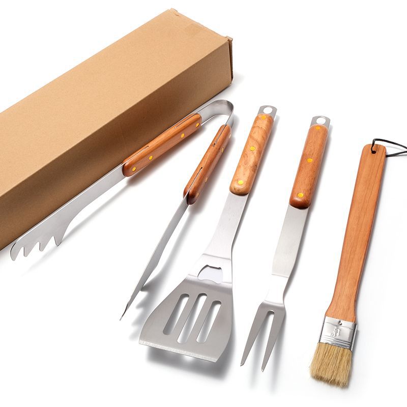 Premium 4-Piece BBQ Tool Set with Rubberwood Handles - Kraft Box