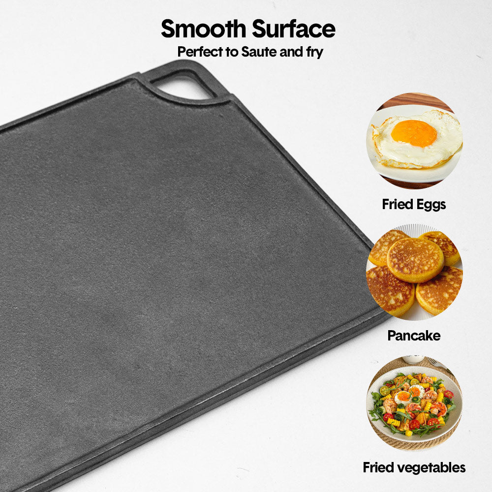 Reversible Cast Iron Griddle Rectangular BBQ Plate 43x24cm Double-Sided Flat Top Griddle Pan and Grooved Grill for Gas Stovetop Oven and Open Fire Black