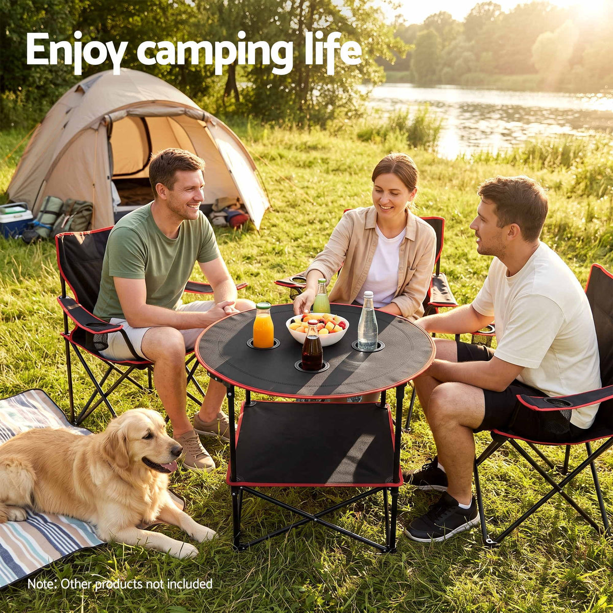 Weisshorn Folding Camping Table with 4 Cup Holders Metal Oxford 73CM Black