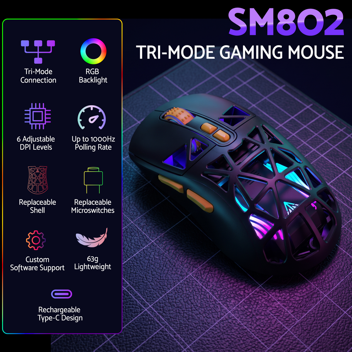 SOLAKAKA SM802 Pro Tri-Mode Gaming Mouse RGB 24000 DPI Hotswap
