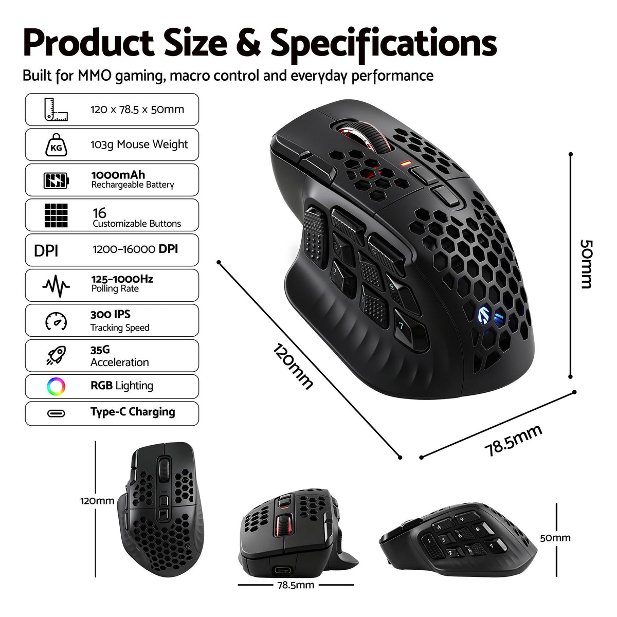 SOLAKAKA Wireless MMO Gaming Mouse 16 Buttons Bluetooth 24000 DPI RGB