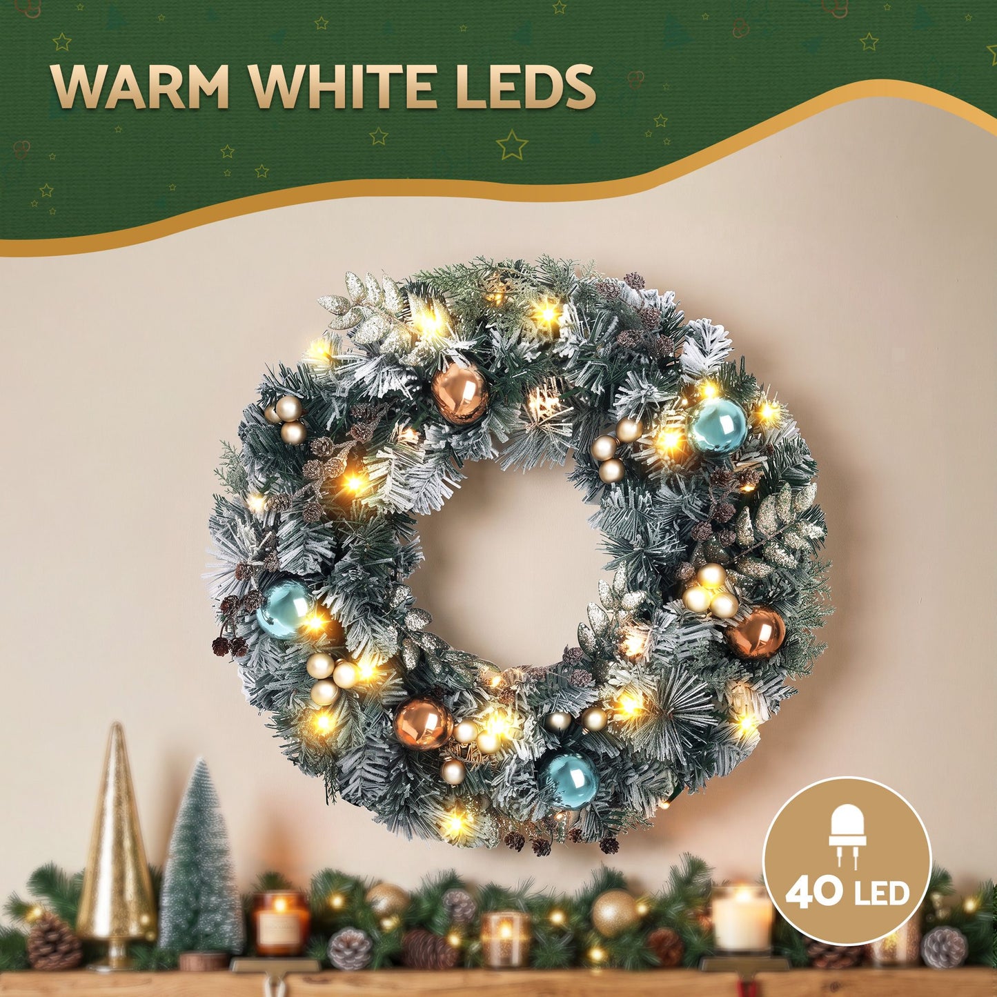 Jingle Jollys 60cm Christmas Wreath with LED Lights Snowy Garland Xmas Decor