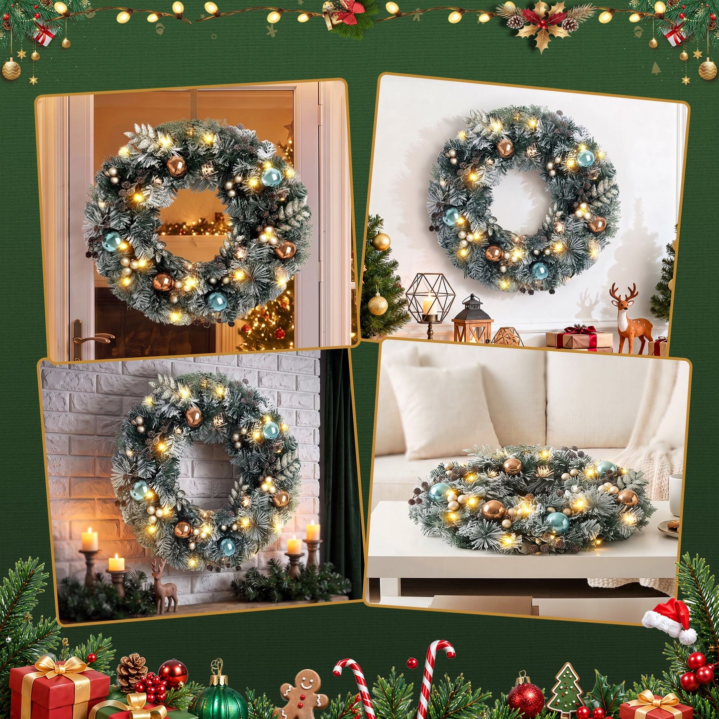 Jingle Jollys 60cm Christmas Wreath with LED Lights Snowy Garland Xmas Decor