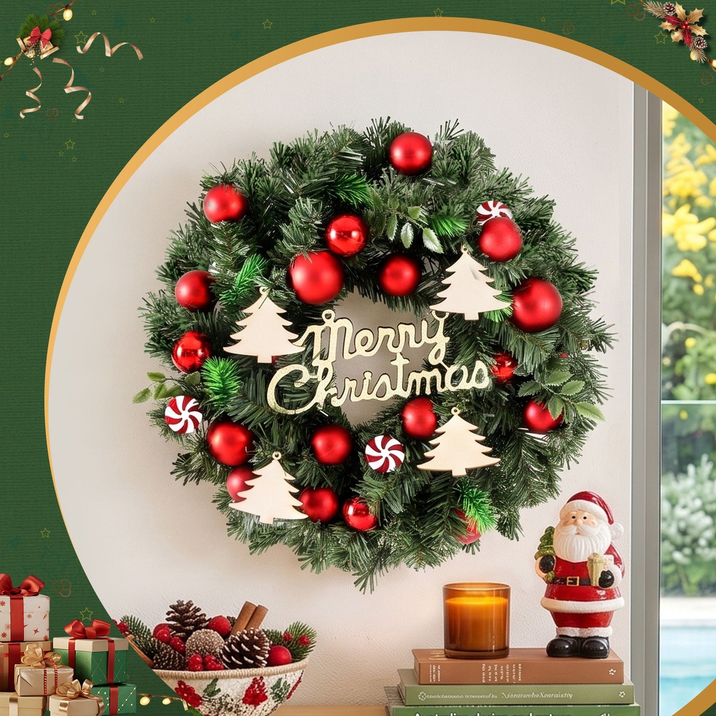 Jingle Jollys Christmas Wreath 40CM Xmas Garland Baubles Ornaments Party Decor