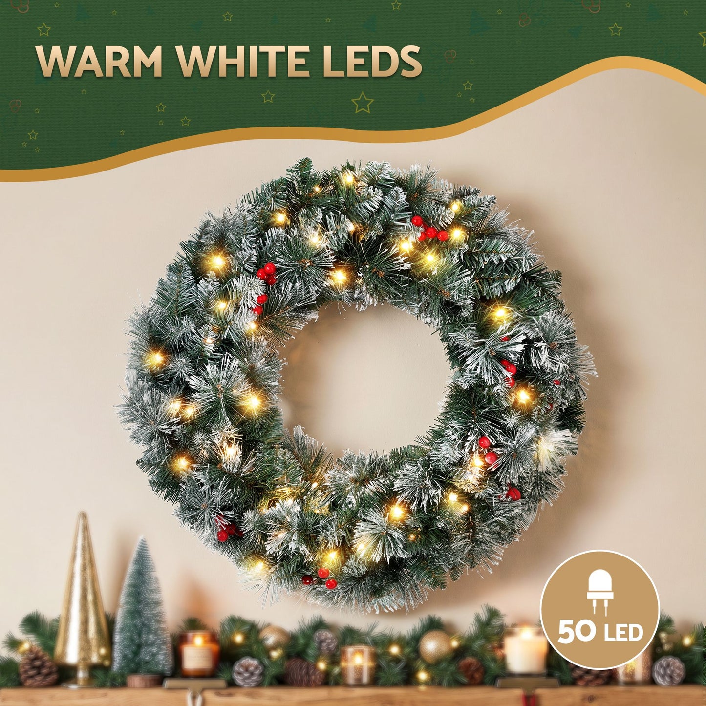 Jingle Jollys 60cm Christmas Wreath LED Lights Snowy Berries Garland Party Decor