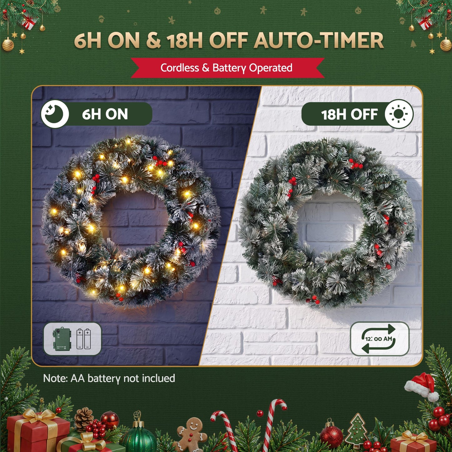 Jingle Jollys 60cm Christmas Wreath LED Lights Snowy Berries Garland Party Decor
