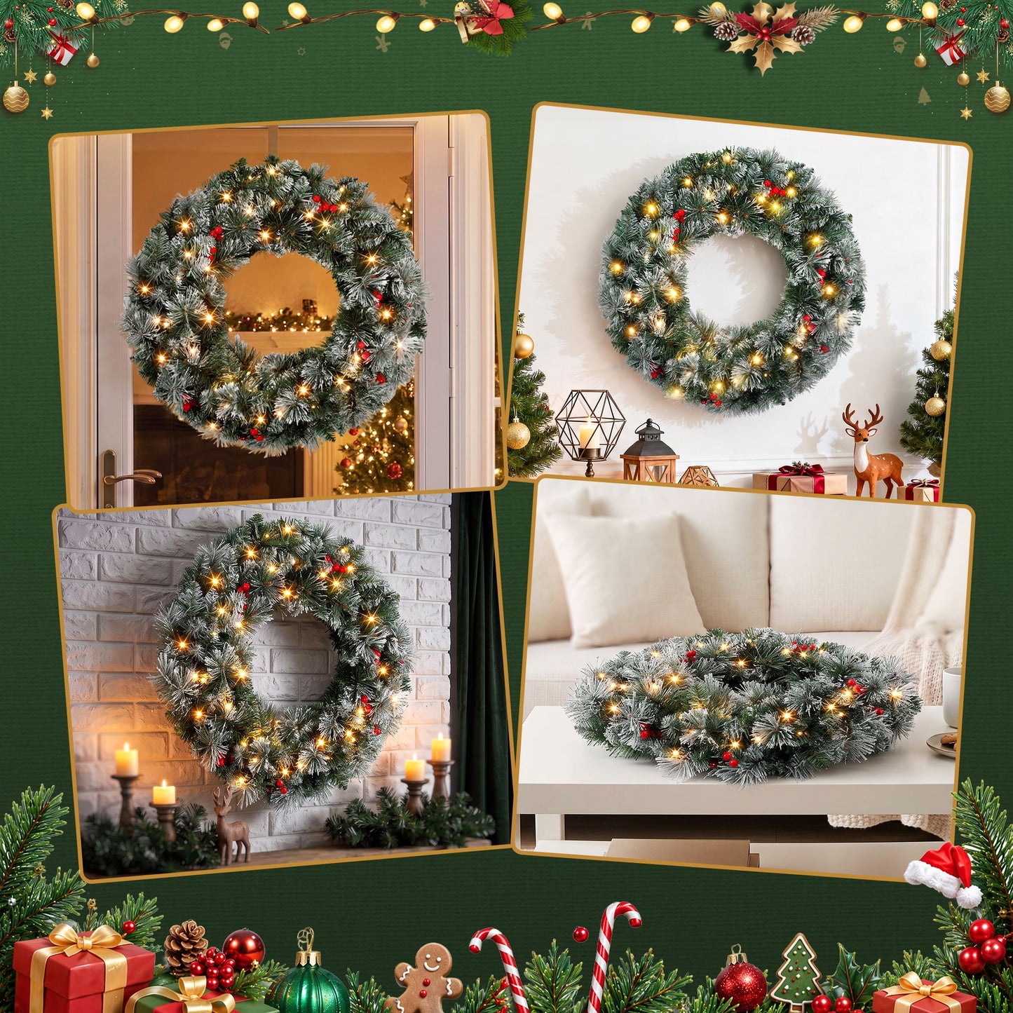 Jingle Jollys 60cm Christmas Wreath LED Lights Snowy Berries Garland Party Decor