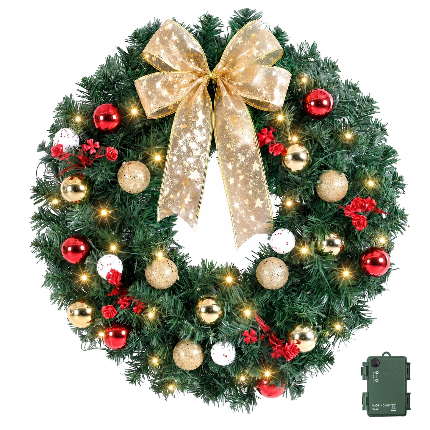 Jingle Jollys Christmas Wreath 60CM LED Garland Berries Bow Baubles Xmas Decor