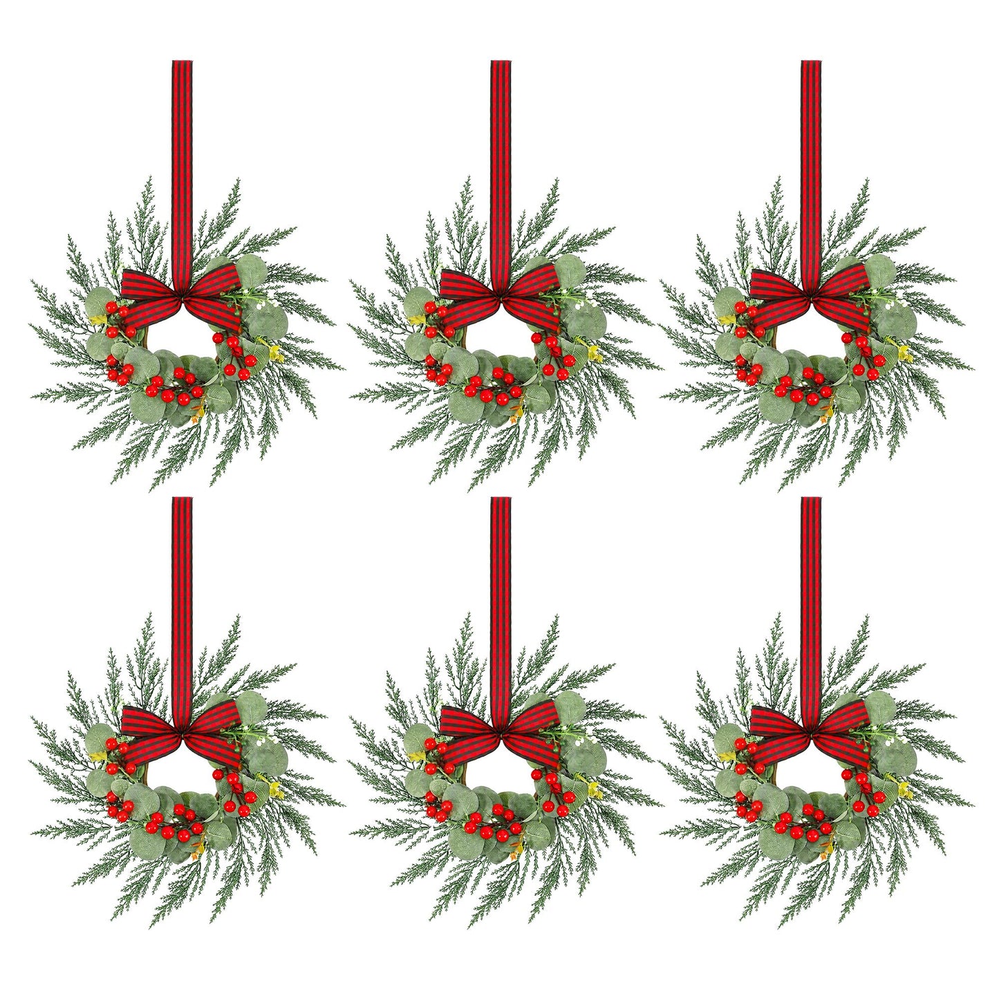 Jingle Jollys 6x Christmas Wreath Garland 26cm Pre-lit Wreaths Red Berries Bow