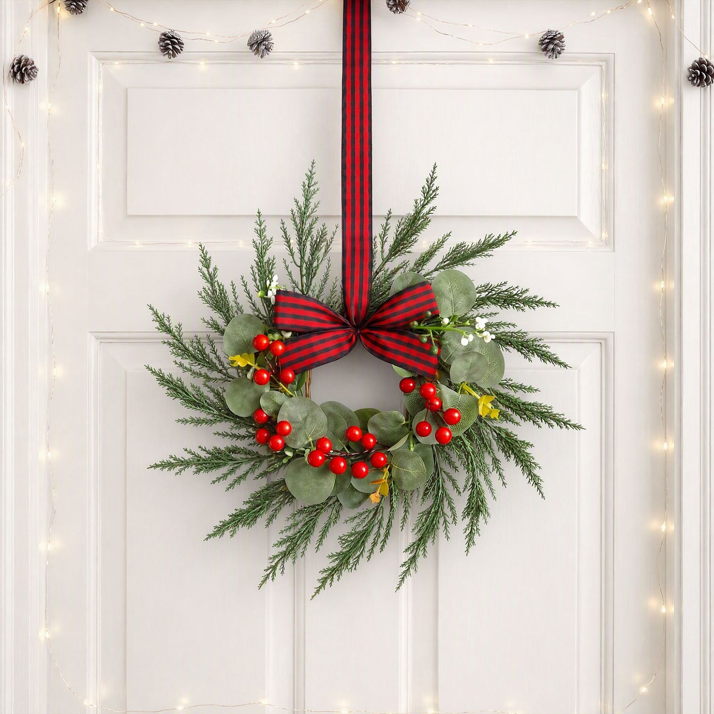 Jingle Jollys 6x Christmas Wreath Garland 26cm Pre-lit Wreaths Red Berries Bow