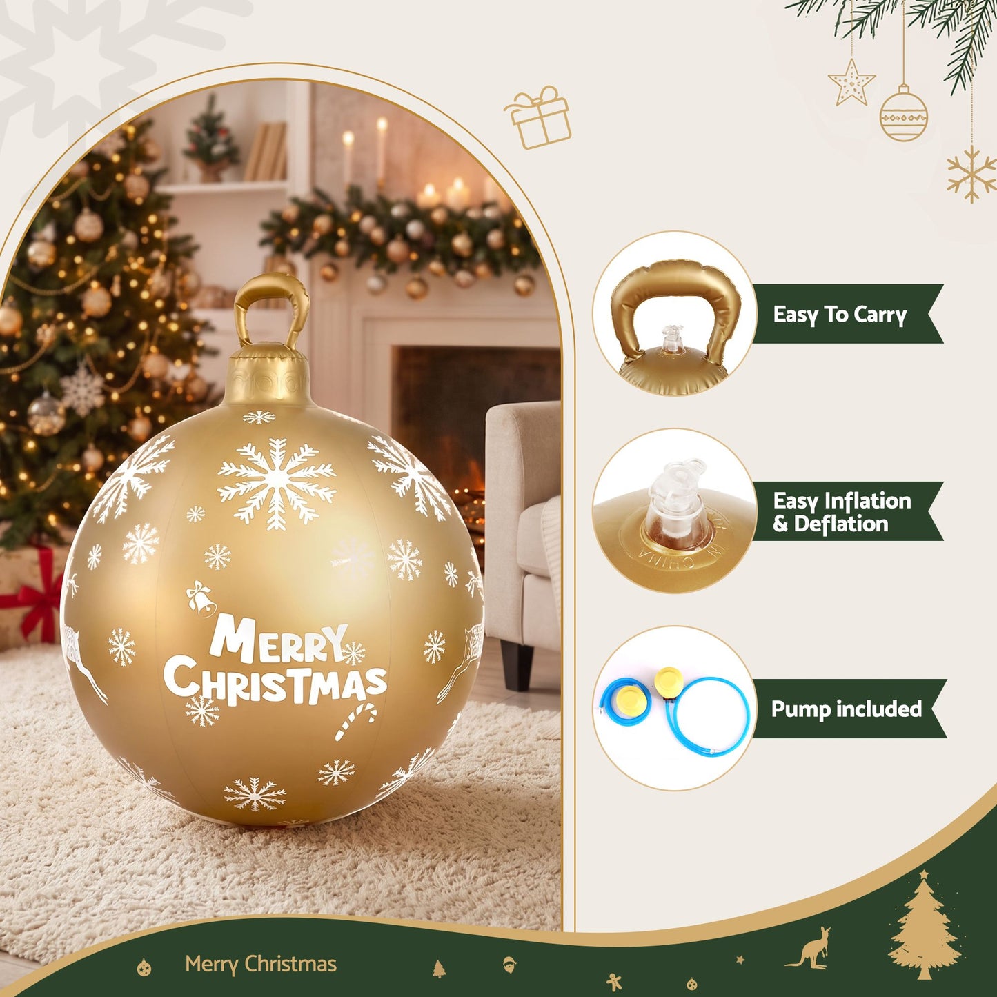 Jingle Jollys Christmas Inflatable Ball Bauble 60cm Outdoor Decoration Gold