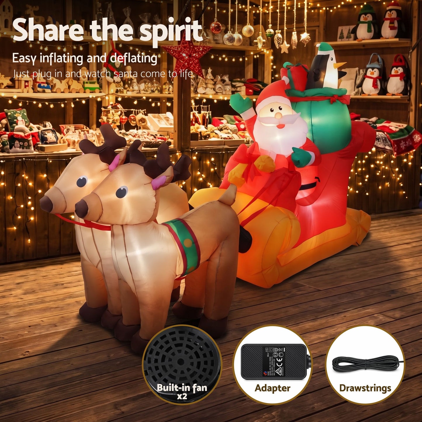 Jingle Jollys Christmas Inflatable Santa Sleigh 2.2M Illuminated Decorations