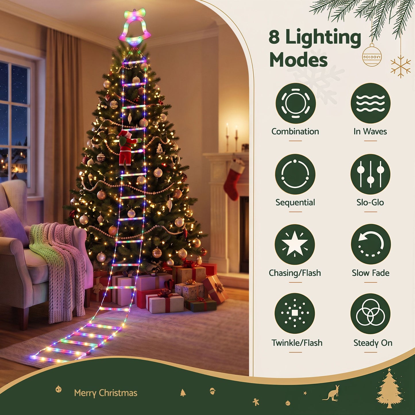 Jingle Jollys 3.5M Christmas Lights 300 LED Ladder Light with Santa Claus Decor