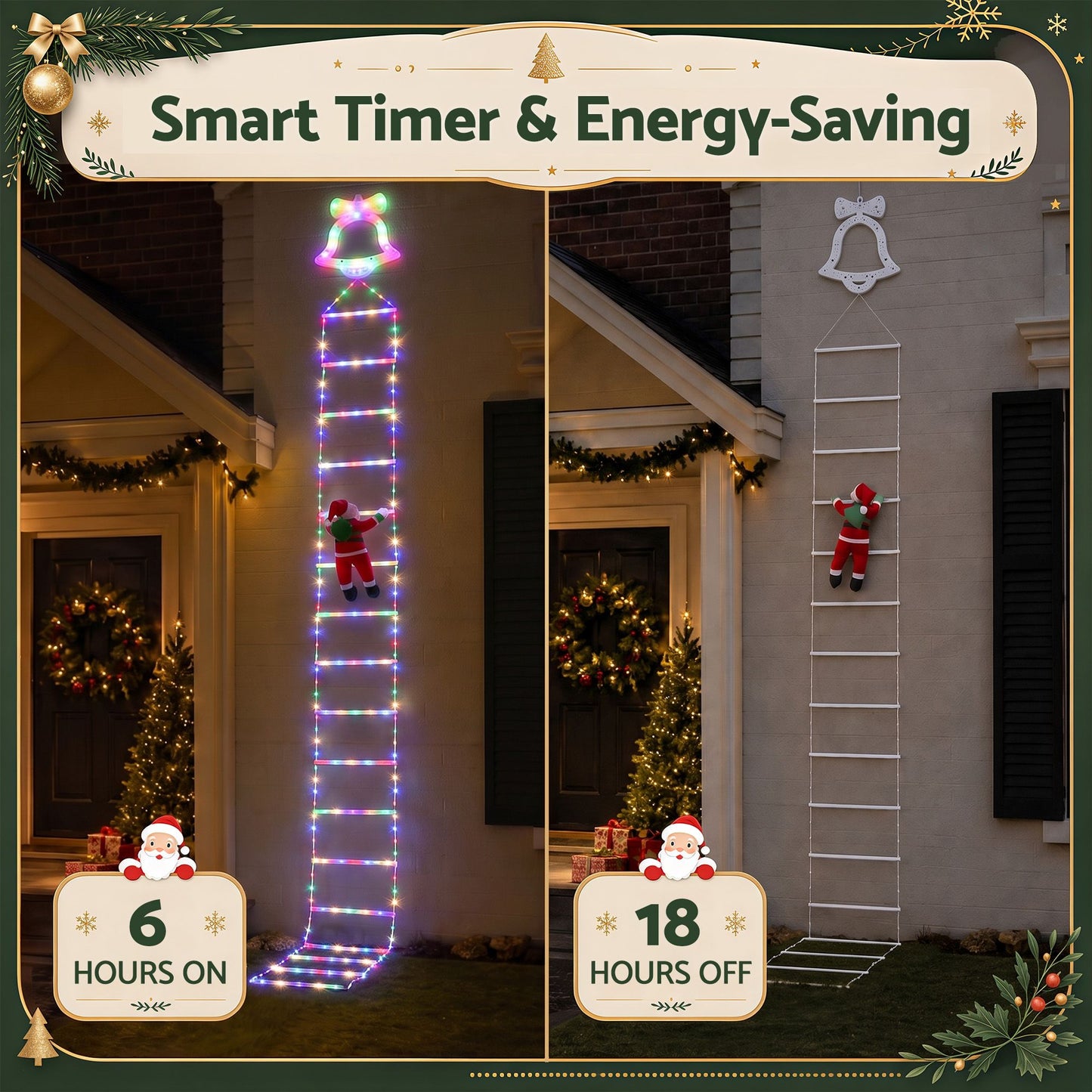 Jingle Jollys 3.5M Christmas Lights 300 LED Ladder Light with Santa Claus Decor