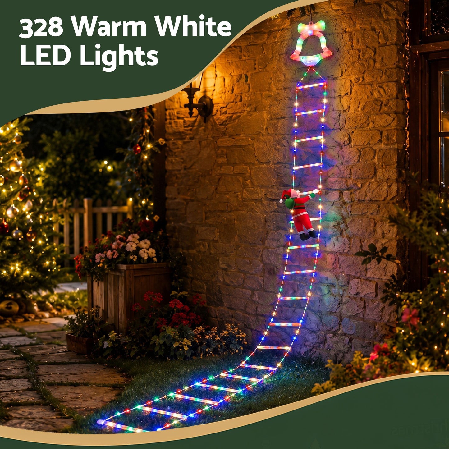 Jingle Jollys 3.5M Christmas Lights 300 LED Ladder Light with Santa Claus Decor