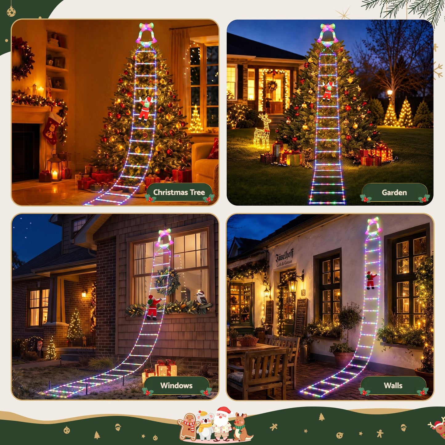 Jingle Jollys 3.5M Christmas Lights 300 LED Ladder Light with Santa Claus Decor