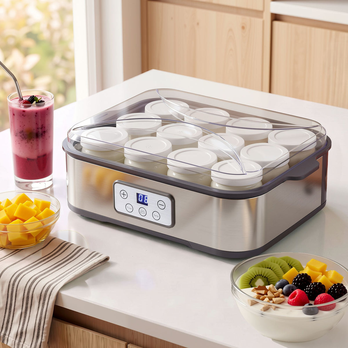 Devanti Yoghurt Maker Machine with 12x180ml Glass Cups Temp Control Grey