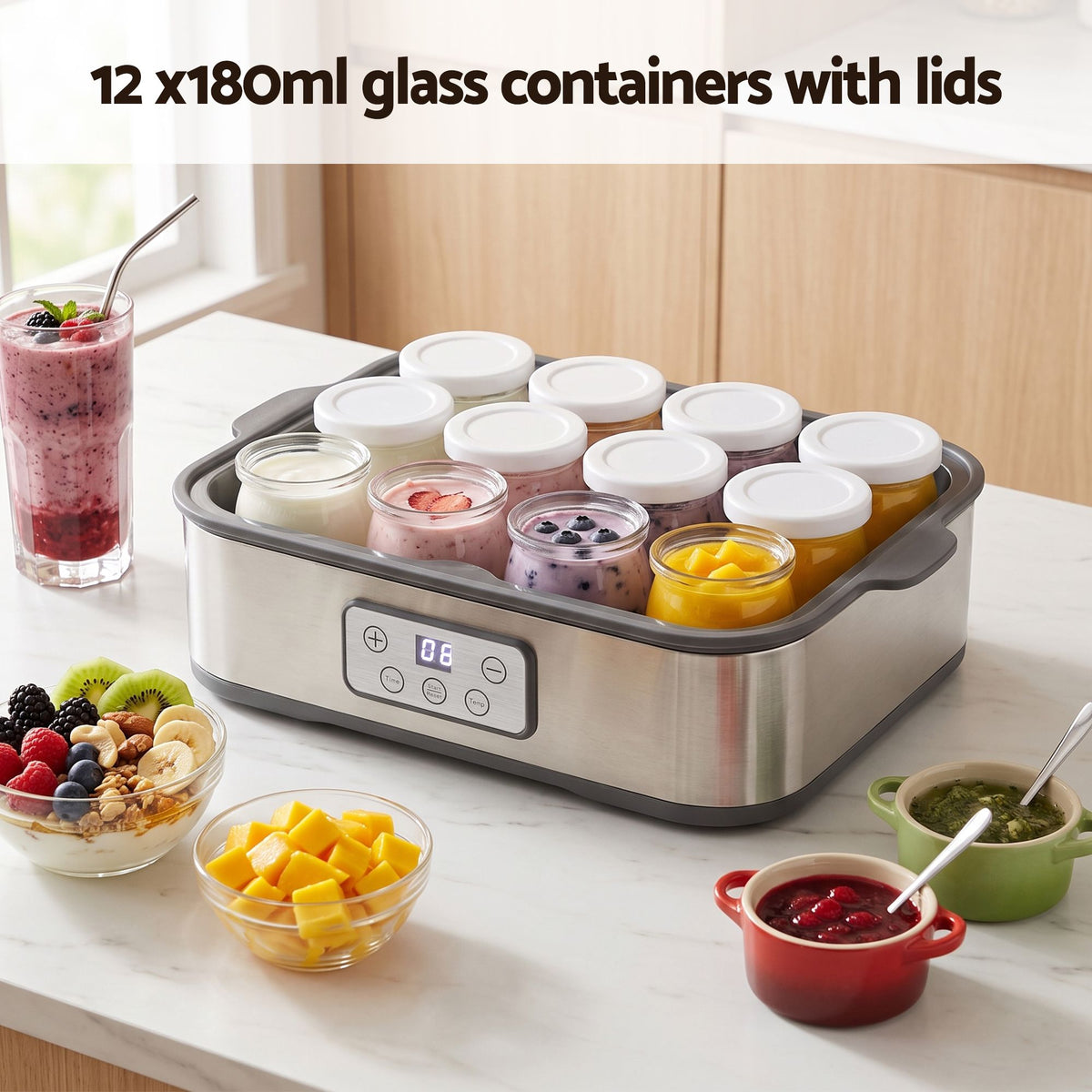 Devanti Yoghurt Maker Machine with 12x180ml Glass Cups Temp Control Grey